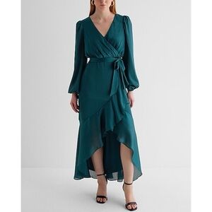 Express Satin Striped Surplice Ruffle Hi-Lo Maxi Dress